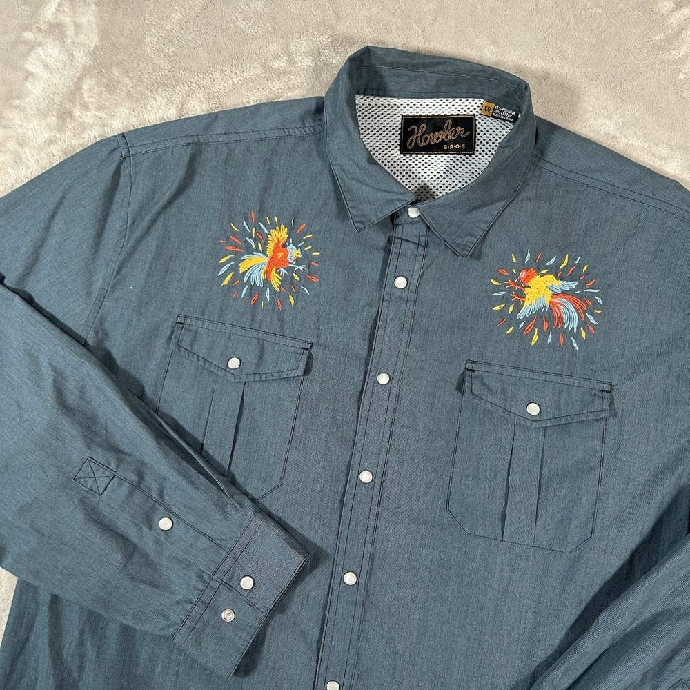 Howler Brothers Gaucho Snap Shirt Men 2XL Rooster Embroidered Western Blue Pearl